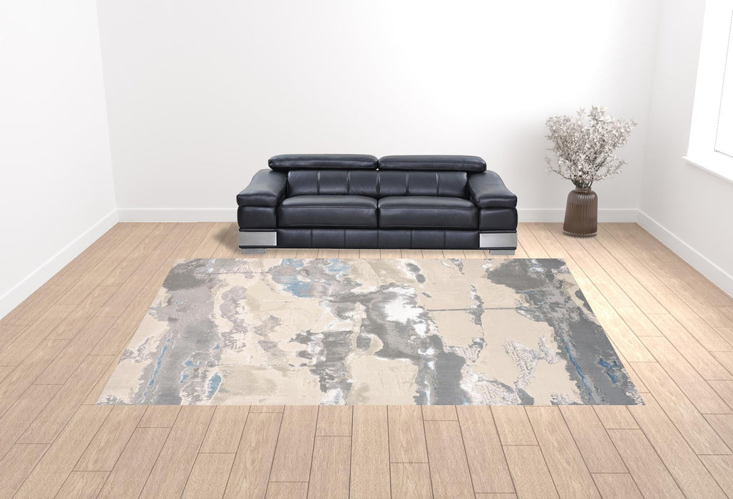Abstract Area Rug - Ivory Gray And Blue - 12' X 15'