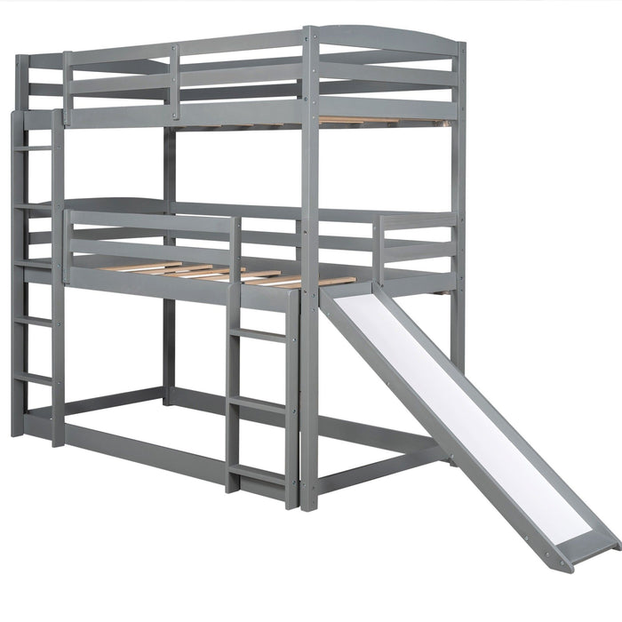 Triple Bunk Twin Sized Bed with Slide - Gray