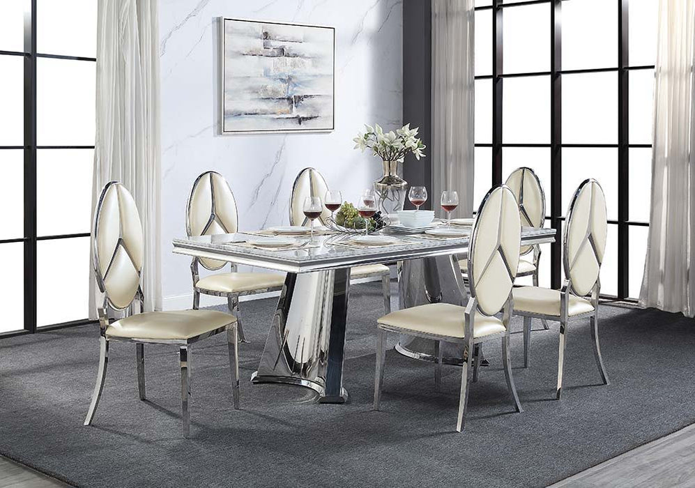 Destry - Dining Table With Engineering Stone Top & Pedestal Base - Engineering Stone Top & Mirrored Silver ACME