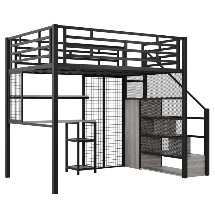 Full Size Metal Loft Bed With Wardrobe, Desk, Storage Shelves - Black