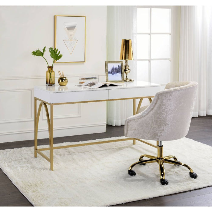 Lightmane - Writing Desk (Same Ac00900) - White High Gloss & Gold ACME
