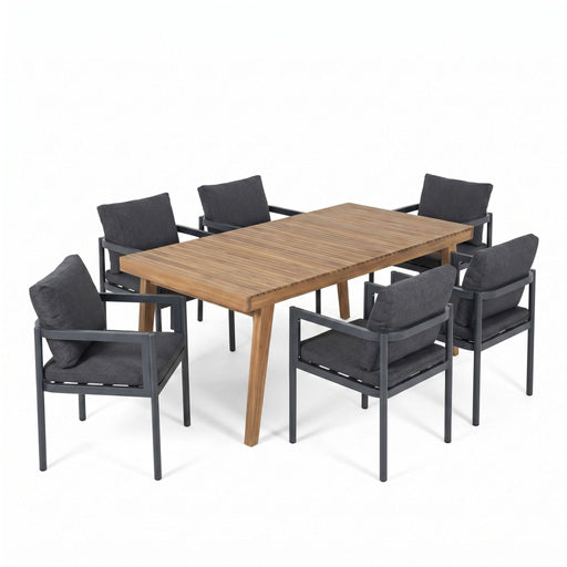 7 Piece Outdoor Patio Dining Set With Table & Chairs With Cushions - Brown / Gray Noble House