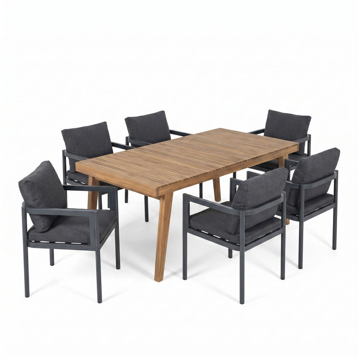 7 Piece Outdoor Patio Dining Set With Table & Chairs With Cushions - Brown / Gray Noble House
