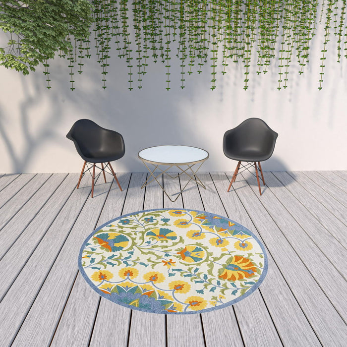 8' X 8' Round Toile Non Skid Indoor / Outdoor Area Rug - Blue Yellow / White