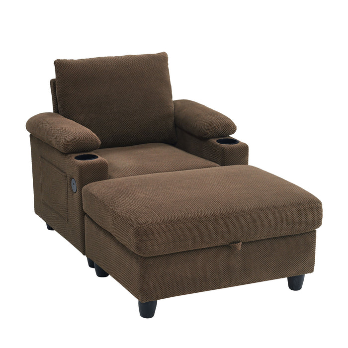 Accent Chair With Storage Ottoman, Reclining Single Chaise Lounge With Cupholders And USB, C Ports Home Essentials
