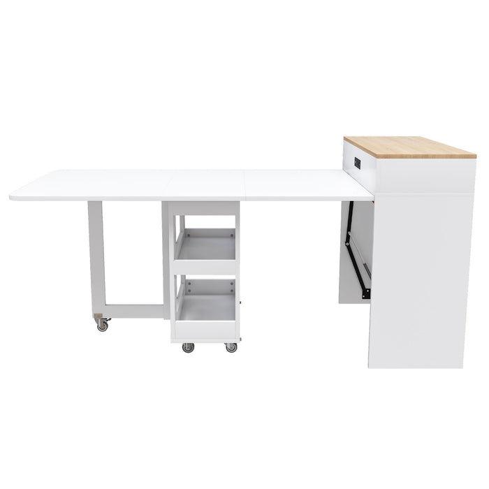 Extendable Dining Table With Power Socket, Lockable Casters, Storage Cabinet Home Essentials