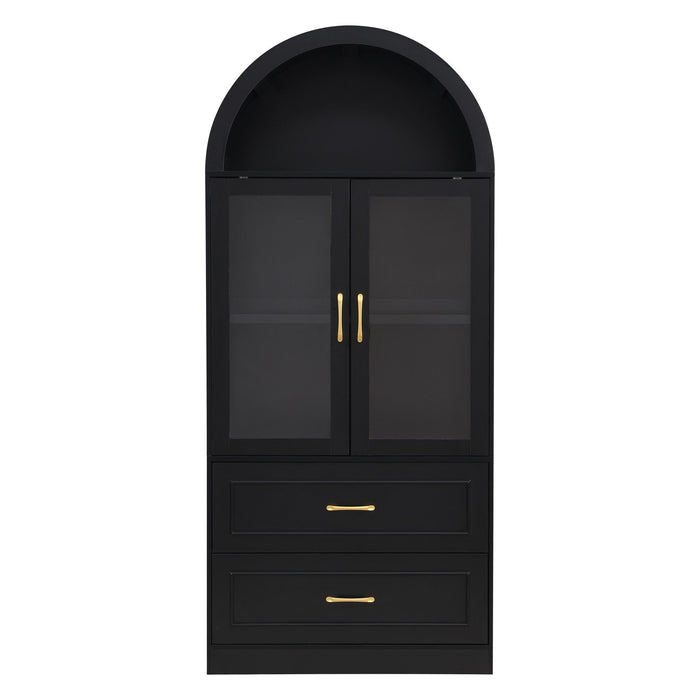 Arched Top Storage Cabinet With Fixed 2 Tier Shelves, 2 Large Drawers Noble House
