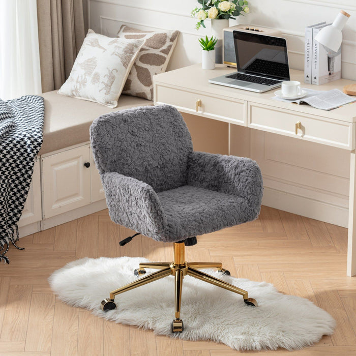 A&A Furniture Office Chair, Artificial Rabbit Hair Home Office Chair With Golden Metal Base, Adjustable Desk Chair Swivel Office Chair, Vanity Chair (Gray)