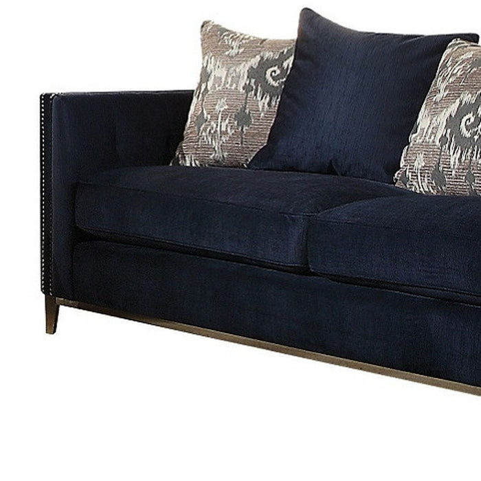 Velvet Sofa And Toss Pillows With Silver Legs - Blue