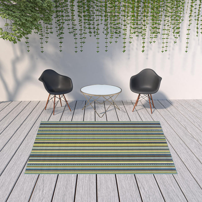 7' X 10' Striped Stain Resistant Indoor / Outdoor Area Rug - Blue / Green