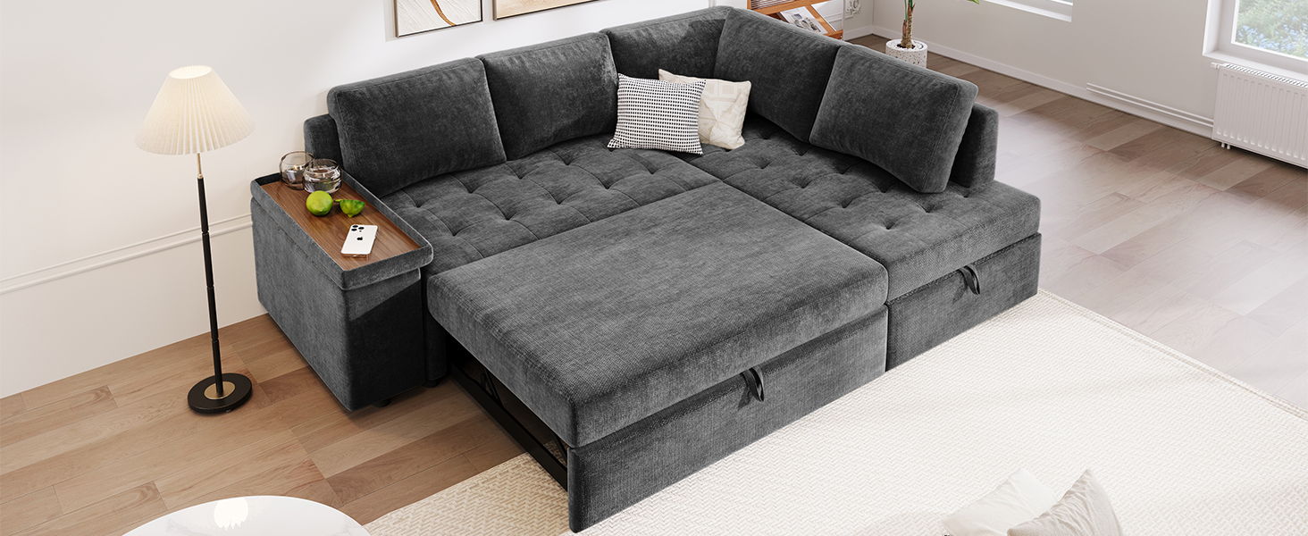 L Shaped Couch With Pull Out Bed And Storage Sectional Sleeper Sofa With Hidden Storage, Wide Armrest With Storage, For Living Room, Apartment, Bedroom, Office