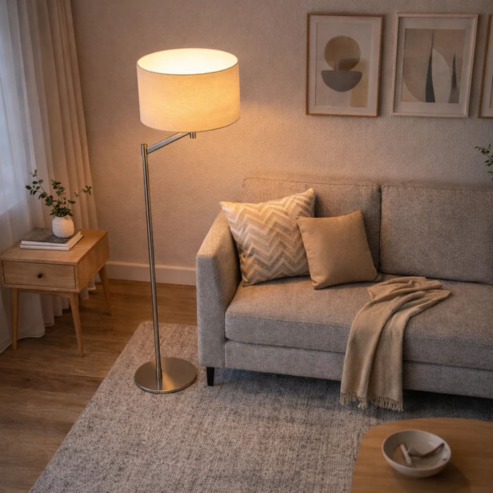 Serene - Floor Lamp With Rotary Switch Base Linen Shade - Brushed Nickel / White Ashcroft Furniture