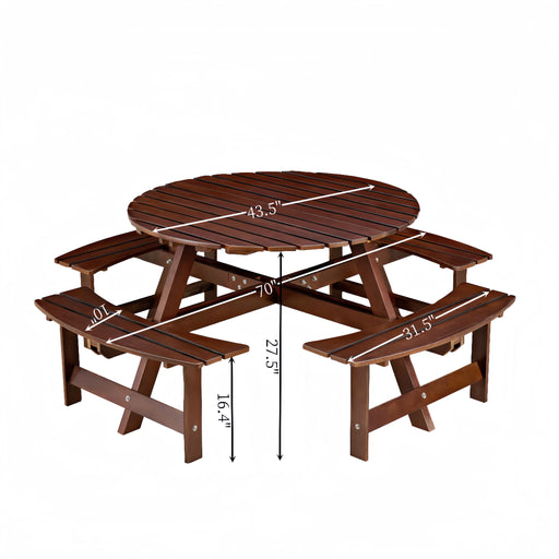 8 Person Round Picnic Table With 4 Built In Benches, Umbrella Hole For Garden - Brown Home Essentials