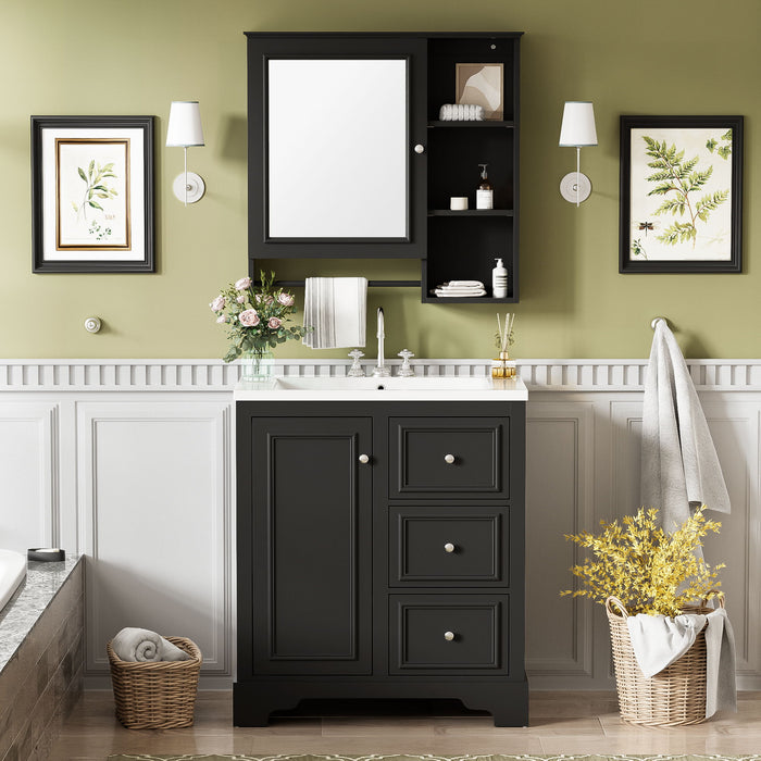 Bathroom Vanity With Sink, Modern Elegant Bathroom Storage Cabinet With 3 Drawers And Adjustable Shelves, Freestanding Vanity Set With Mirror Cabinet, Single Sink Bathroom Vanity Hearth and Haven