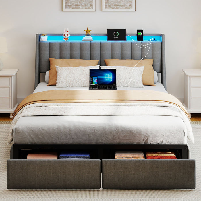 Upholstered Platform Bed Frame With RGB LED Lights, Charging Station & 2 Underbed Drawers Home Essentials