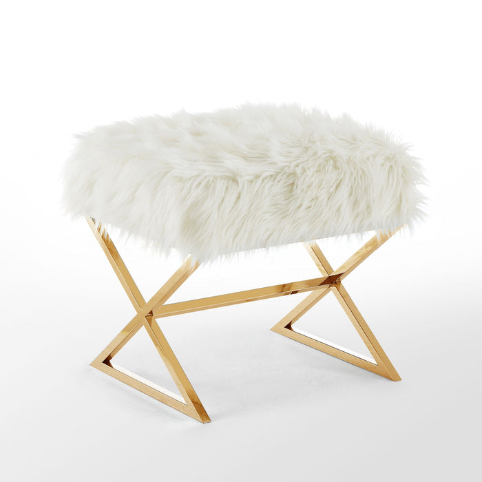 Faux Fur Ottoman - White / Brass