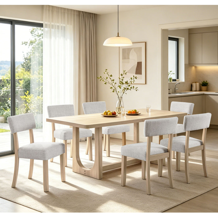 7 Piece Dining Table Set For 6, Rectangular Table & 6 Upholstered Chairs, Sturdy U - Shaped Base For Dining Room - Light Oak Home Essentials