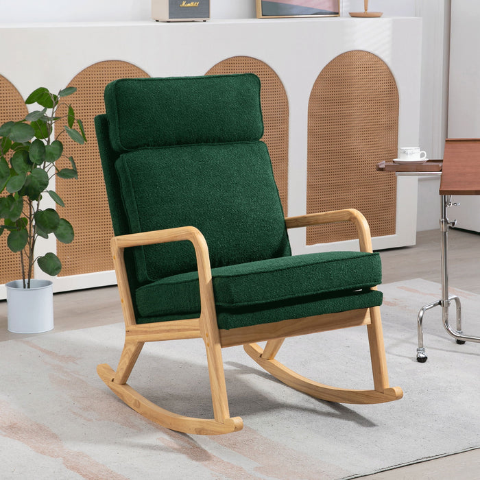 25.2" W Modern Rocking Chair Accent Lounge Armchair Comfy Boucle Upholstered High Back Wooden Rocker For Nursery Living Room Baby Kids Room Bedroom, Green