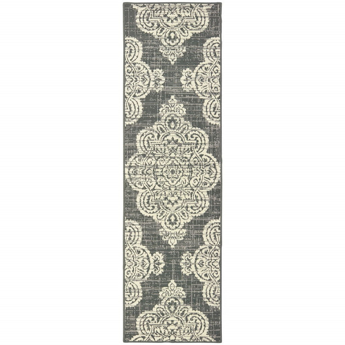 2' X 8' Oriental Stain Resistant Indoor / Outdoor Area Rug - Gray / Ivory