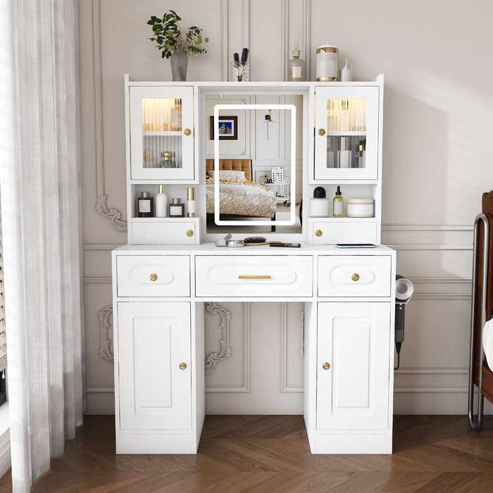 Large Vanity Table Set With Mirror, 6 Drawers & Shelves, Power Socket, Hair Dryer Holder, Cabinet Light, Dressing Desk - White Home Essentials