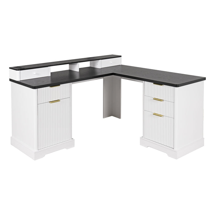 Fluted L-Shaped Desk With Charging Station & Storage Cabinet Home Essentials