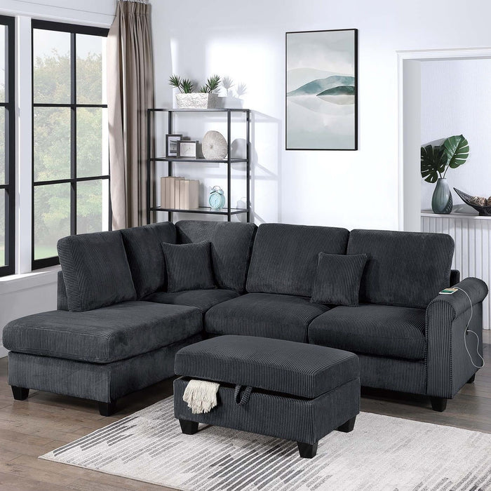 Contemporary Sectional Set With Right Arm Chaise, Left Arm Sofa With USB Port, Storage Ottoman Home Essentials