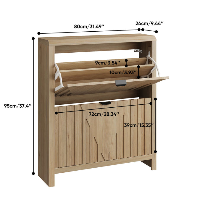Entryway Shoe Cabinet With Vertical Carved Panels - Oak Home Essentials
