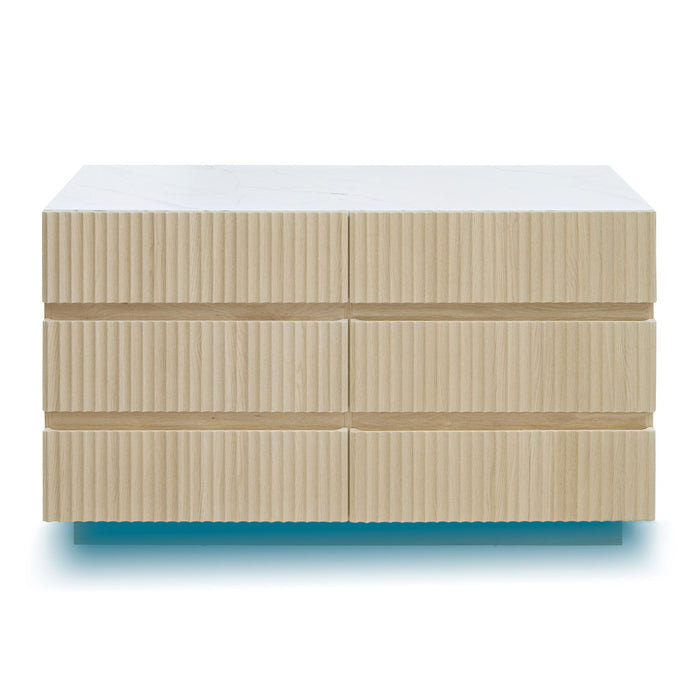 Fluted 6 Drawers Dresser, Double Dresser Chest Of Drawers, Modern Chest Of Drawers With LED, Drawer Organizer For Bedroom, Living Room, Hallway - Natural