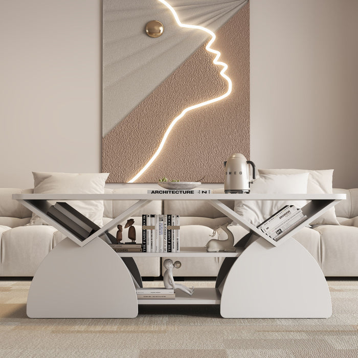 Geometric Engineered Coffee Table With Rounded Corners With Open Shelves Home Essentials