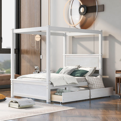 Canopy Platform Bed With Drawers, Support Slats, No Box Spring Needed DreamHaus