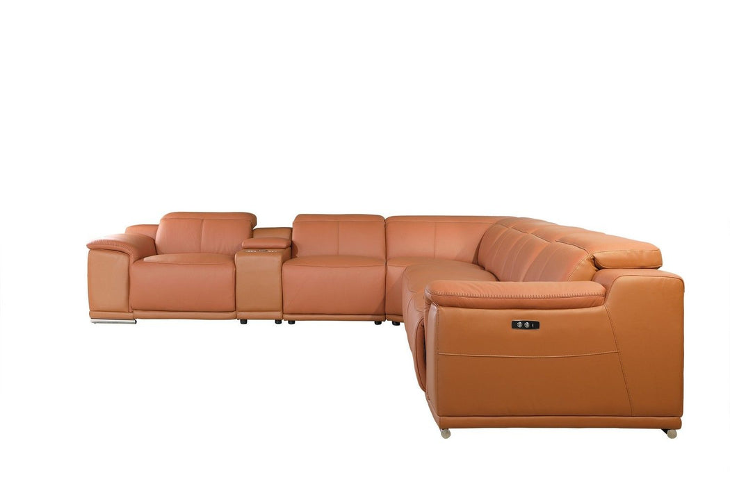 Italian Leather Power Reclining U Shaped Seven Piece Corner Sectional With Console - Camel