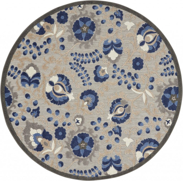 4' Round Round Floral Indoor & Outdoor Area Rug - Gray / Blue