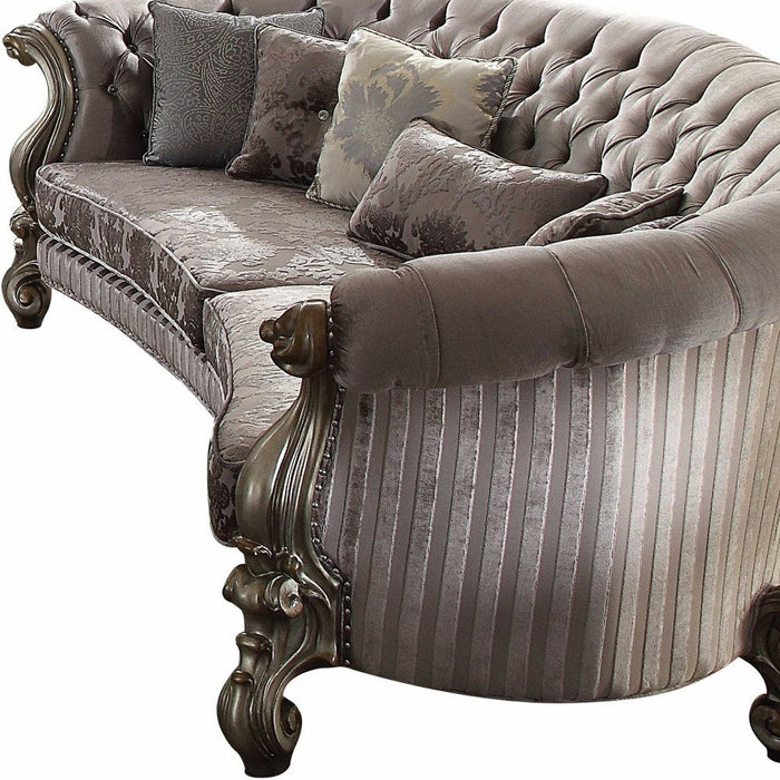 Velvet Curved Floral Sofa And Toss Pillows With Champagne Legs - Gray