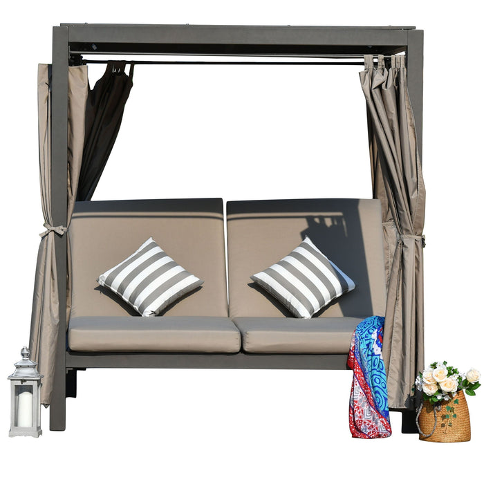 Outdoor Steel Metal Adjustable Day Bed With Canopy And Taupe Cushions - Gray