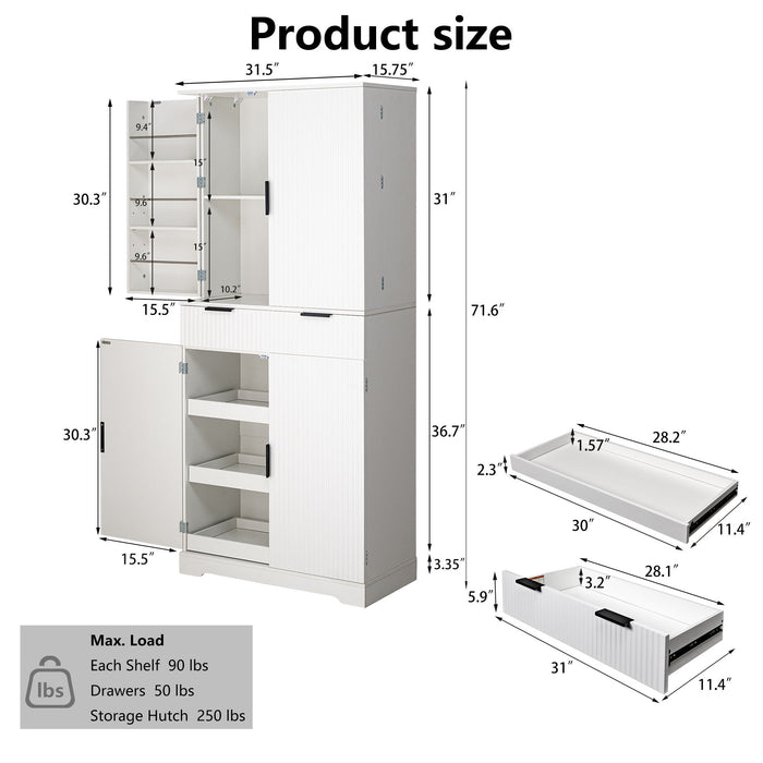 Fluted Kitchen Pantry Cabinet With 3 Keyboard Drawers & 6 Adjustable Door Shelves Home Essentials