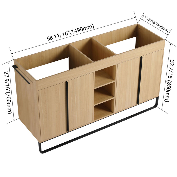 58" Freestanding Bathroom Cabinet With 4 Soft Close Doors & 3 Open Racks (Vanity Only, No Sink) - Oak Home Essentials