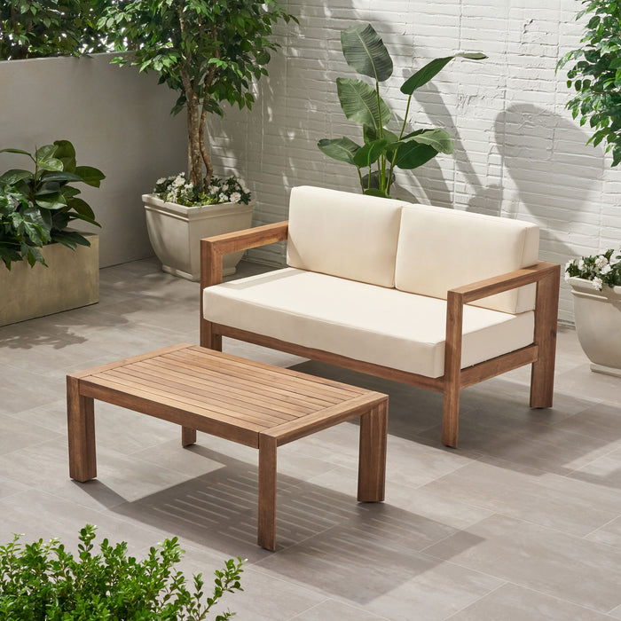 Genser Outdoor 4 Seater Acacia Wood Chat Set _Loveseat & Coffee Table & Club Chair