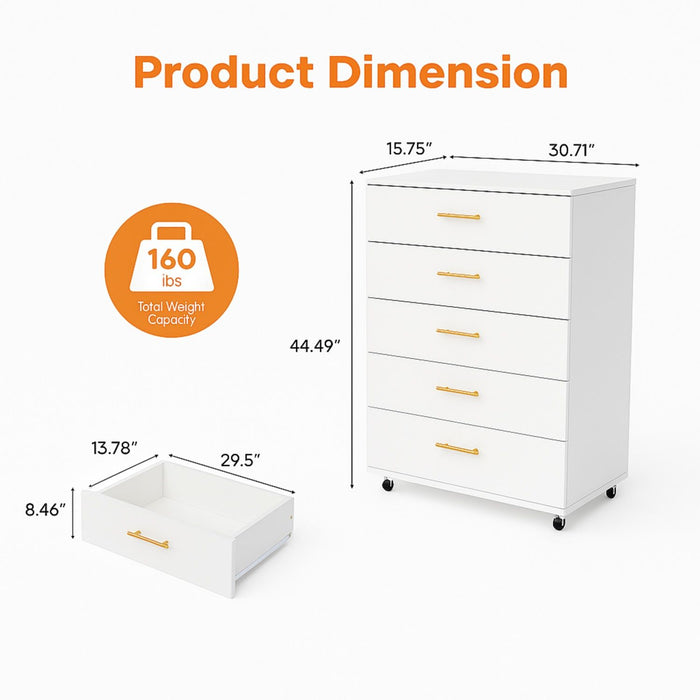 5 Drawer Dresser With Handles - White Home Essentials