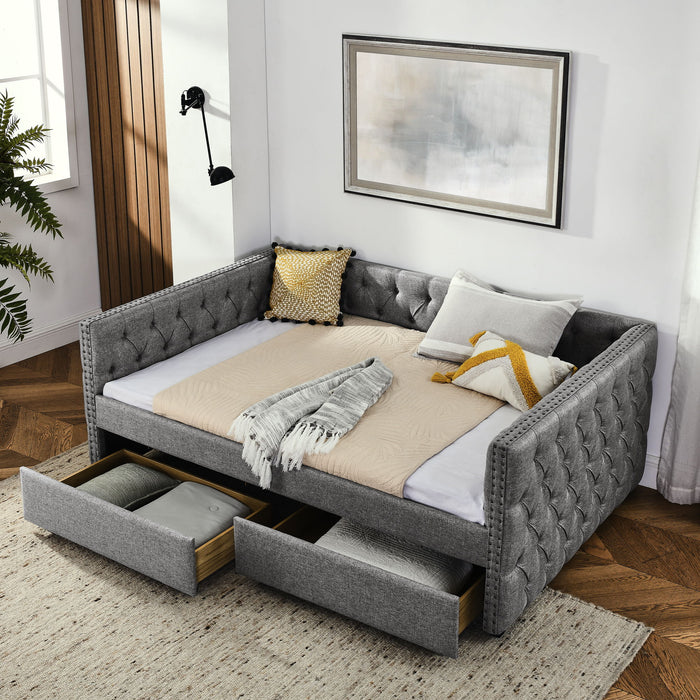 Upholstered Full Size Daybed With Two Drawers, With Button And Copper Nail On Square Arms, Gray