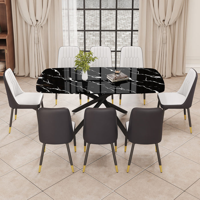 1 Table And 8 Chairs Set, A Rectangular Dining Table With A Imitation Marble Black Table Top And Black Metal Legs, Paired With 8 Chairs With PU Seat Cushion And Black Metal Legs - Glass / Metal