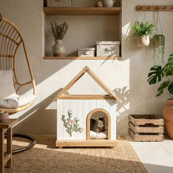 Daisy Cat House With Roof & Indoor Outdoor Pet Shelter For Cats & Small Dogs (11–25 Lbs) - White / Wood Daily Nest