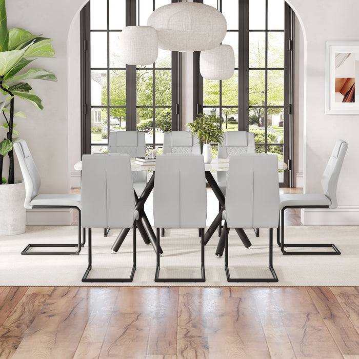 1 Table And 8 Chairs Set, Rectangular Dining Table With Imitation Marble Tabletop And Black Metal Legs, Paired With 8 Chairs With PU Leather Seat Cushion And Black Metal Legs - Glass / Metal