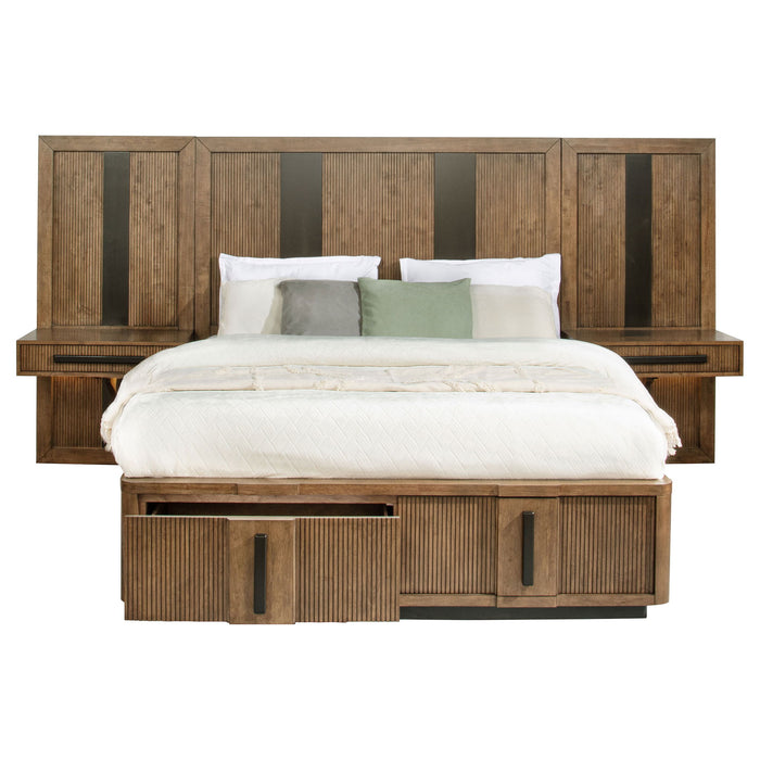Moraga - Queen Wall Panel Storage Bed With Integrated Nightstands - Ash Brown