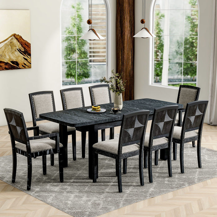 Topmax - Rustic Extendable Dining Table Set With Removable Leaf, 6 Upholstered Armless Dining Chairs And 2 Padded Arm Chairs, 9 Pieces