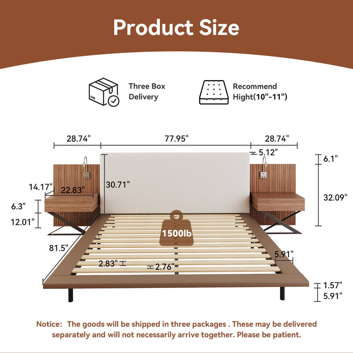 Floating King Size Bed With Integrated Side Tables And Smart Lighting - Beige Gray / White Home Essentials