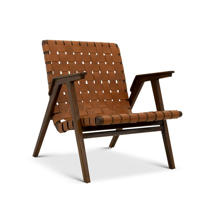 David Genuine Leather Teak Lounge Chair - Brown
