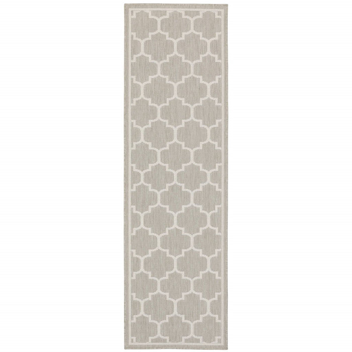 2' X 7' Geometric Stain Resistant Indoor / Outdoor Area Rug - Gray / Ivory