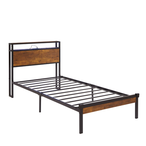 Twin Size Platform Bed Frame, LED Lights With Remote Control, USB Charging Port, Large Under Bed Storage - Black / Brown Home Essentials