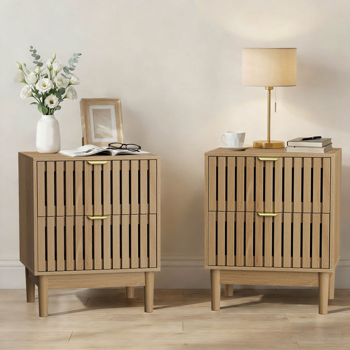 Bedside Table With Grille Design And 2 Drawers, Side Table For Bedroom - Oak Home Essentials