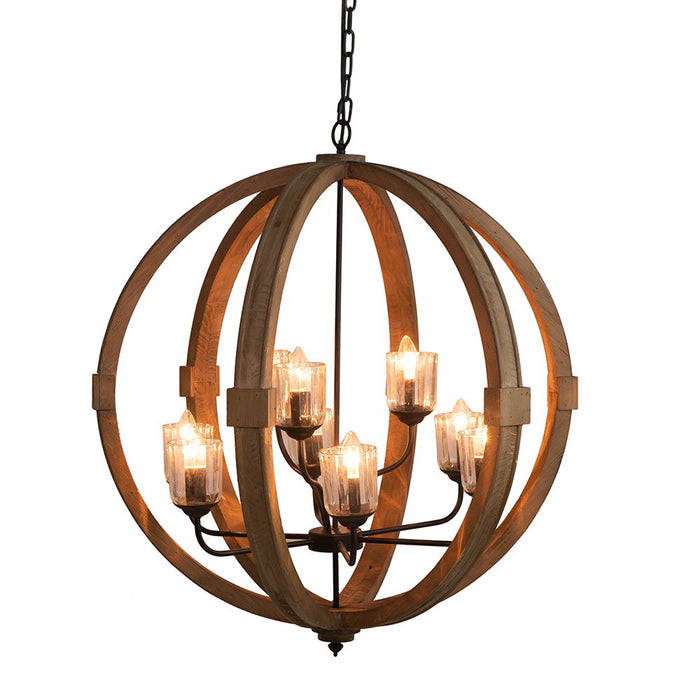 9 Light Globe Chandelier, Wood Chandelier Hanging Light Fixture With Adjustable Chain For Kitchen Dining Room Foyer Entryway, Bulb Not Included - Brown